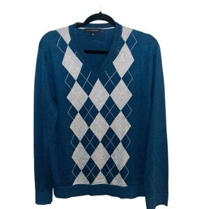 Banana Republic Blue Argyle V-Neck Silk Cashmere Blend Preppy Sweater Medium